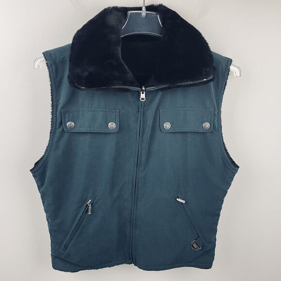 Vtg Nils Reversible Vest Women 8 Green Black Faux Fur Ski Equestrian Pockets USA - Picture 1 of 12